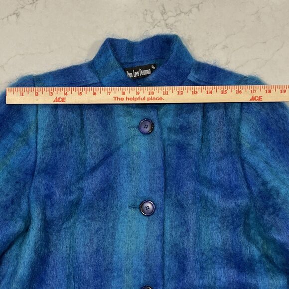 Paul Levy Vintage Blue Purple Green Plaid Striped Mohair Wool Coat Long 44” Bust - Picture 9 of 14